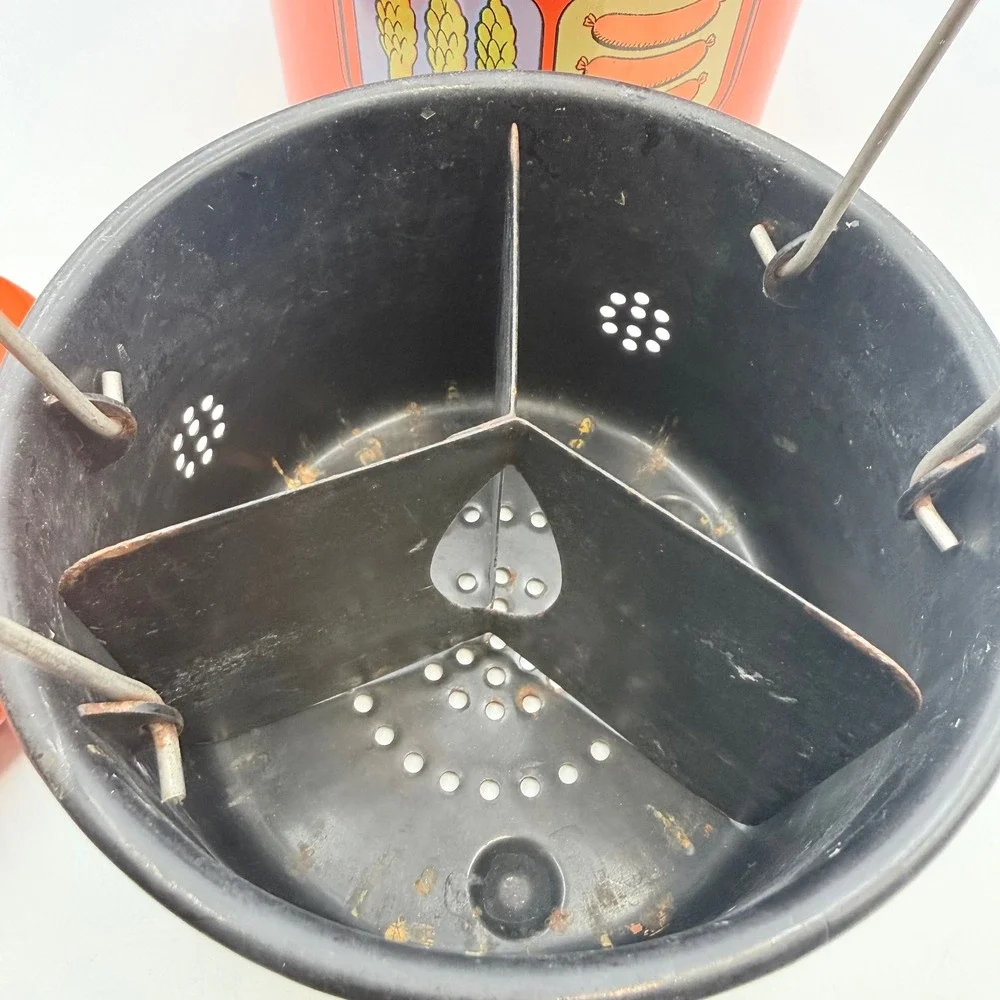 Vintage Orange Enamel Steamer Pot Retro Vegetable Graphic 3-Way Insert Lid